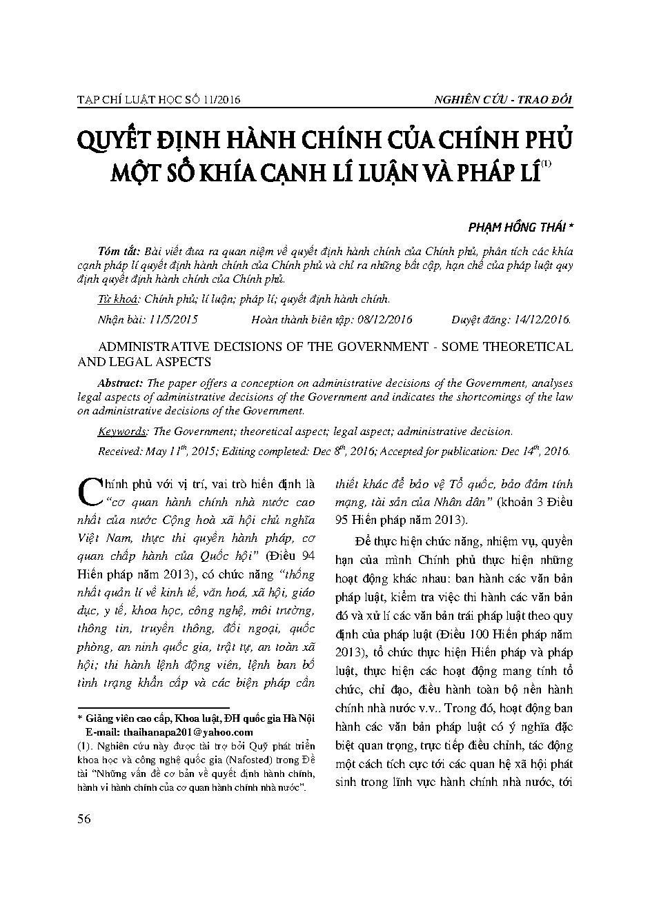 Quyết định hành chính của Chính phủ - Một số khía cạnh lí luận và pháp lí 