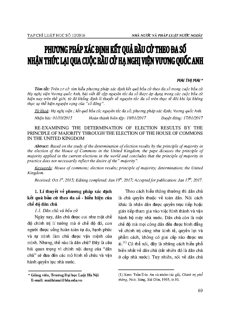 Phương pháp xác định kết quả bầu cử theo đa số - Nhận thức lại qua cuộc bầu cử Hạ nghị viện Vương quốc Anh 