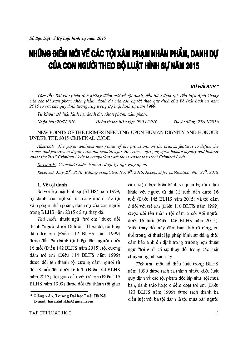 Những điểm mới về các tội xâm phạm nhân phẩm, danh dự của con người theo Bộ luật hình sự năm 2015 