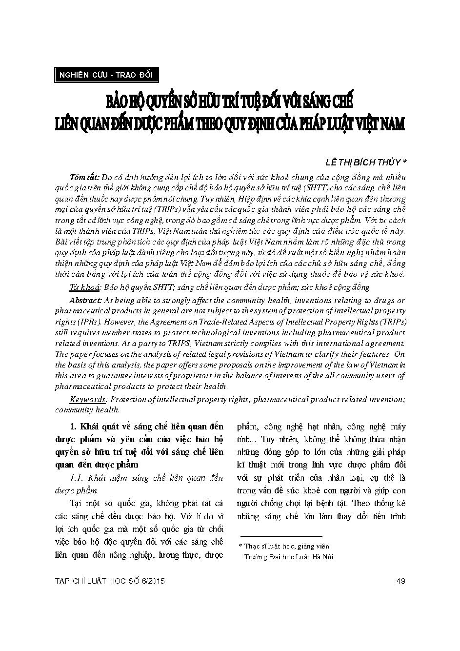 Bảo hộ quyền sở hữu trí tuệ đối với sáng chế liên quan đến dược phẩm theo quy định của pháp luật Việt Nam