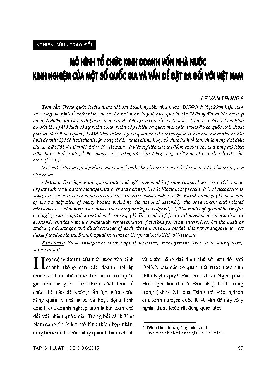 Mô hình tổ chức kinh doanh vốn nhà nước - Kinh nghiệm của một số quốc gia và vấn đề đặt ra đối với Việt Nam 