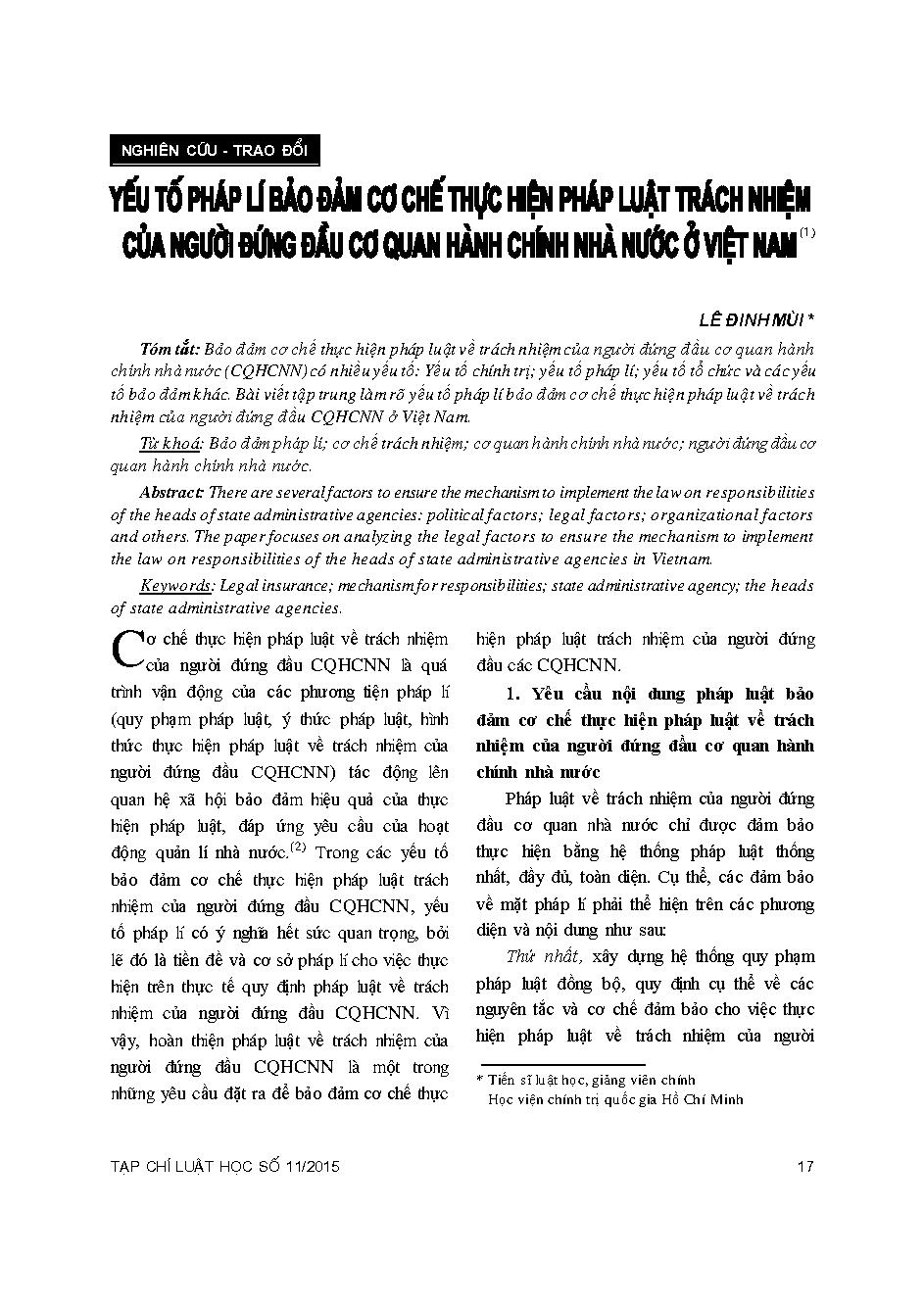Yếu tố pháp lí bảo đảm cơ chế thực hiện pháp luật trách nhiệm của người đứng đầu cơ quan hành chính nhà nước ở Việt Nam 