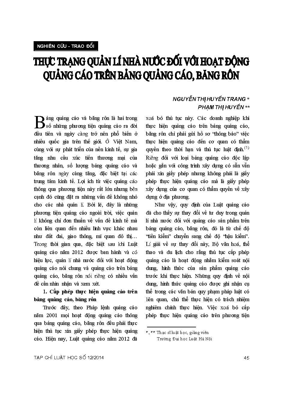 Thực trạng quản lí nhà nước đối với hoạt động quảng cáo trên bảng quảng cáo, băng rôn 