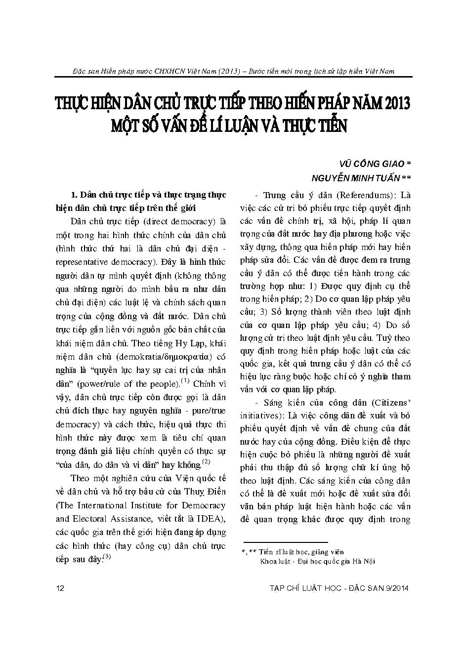 Thực hiện dân chủ trực tiếp theo Hiến pháp năm 2013 một số vấn đề lí luận và thực tiễn 