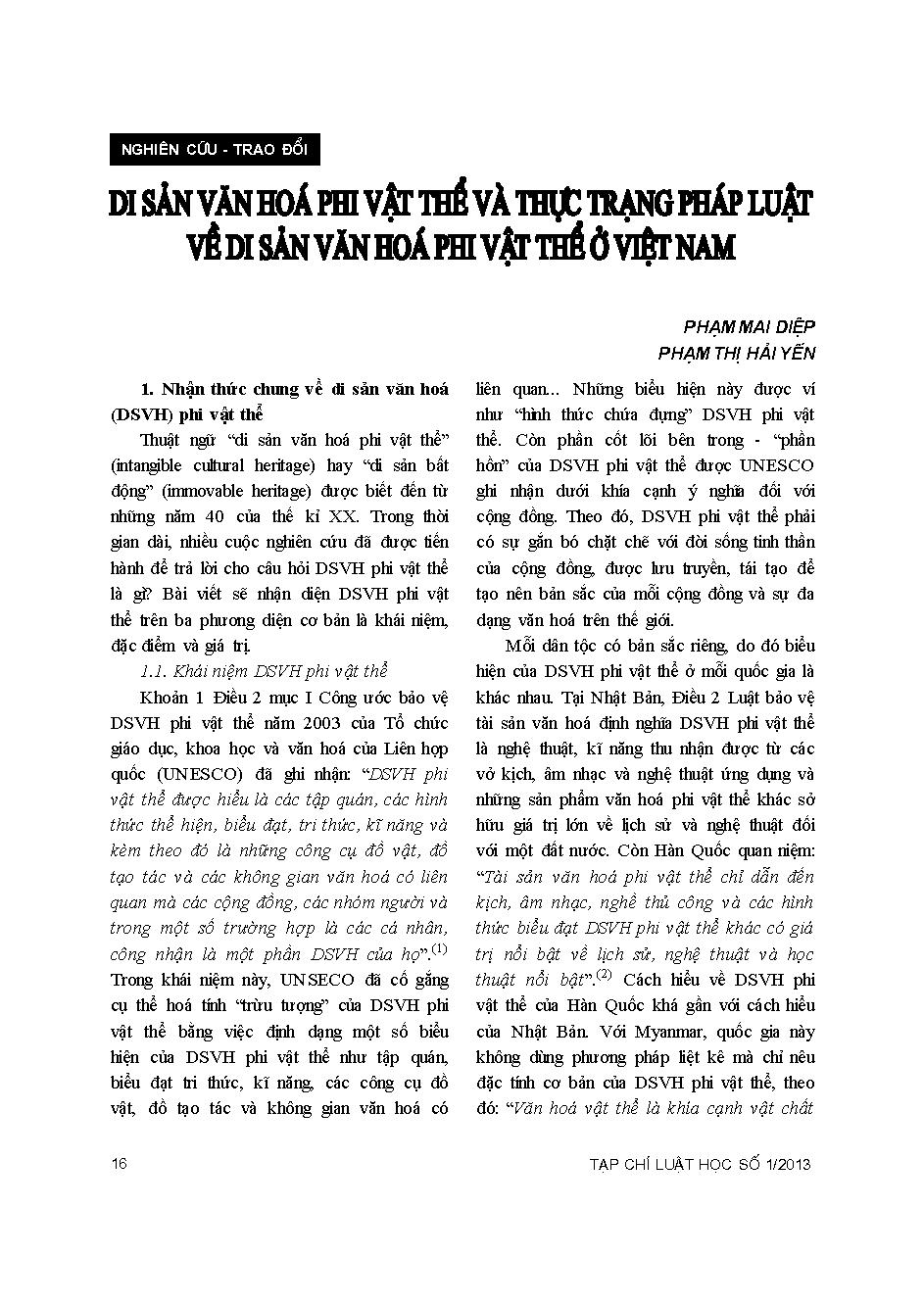 Di sản văn hoá phi vật thể và thực trạng pháp luật về di sản văn hoá phi vật thể ở Việt Nam 