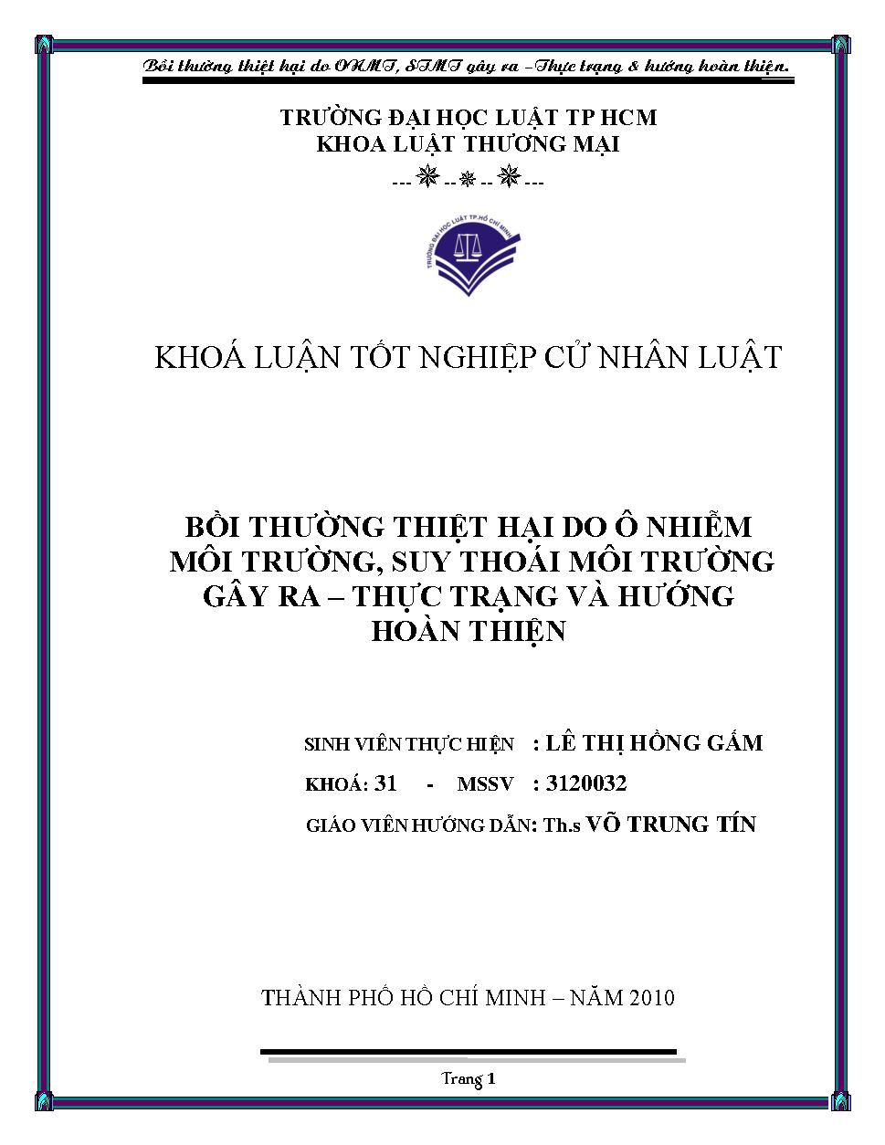 Bồi thường thiệt hại do ô nhiễm môi trường, suy thoái môi trường gây ra. Thực trạng và hướng hoàn thiện