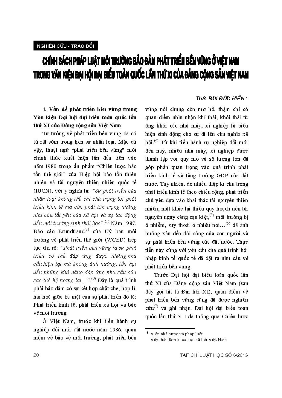 Chính sách pháp luật môi trường bảo đảm phát triển bền vững ở Việt Nam trong Văn kiện Đại hội đại biểu toàn quốc lần thứ XI của Đảng cộng sản Việt Nam 