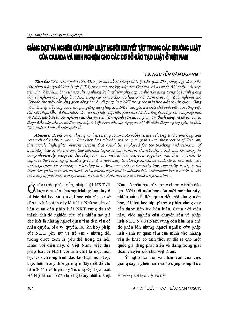 Giảng dạy và nghiên cứu pháp luật người khuyết tật trong các trường luật của Canada và kinh nghiệm cho các cơ sở đào tạo luật ở Việt Nam 