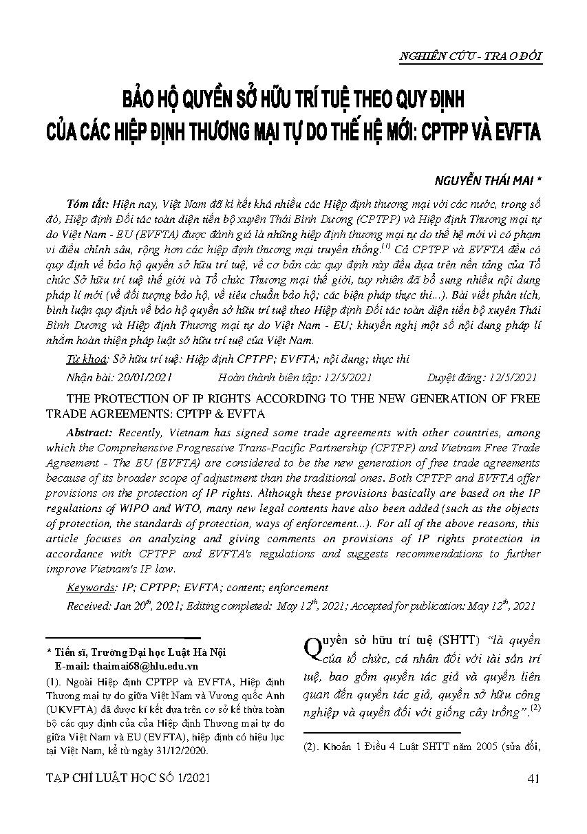 Bảo hộ quyền sở hữu trí tuệ theo quy định của các hiệp định thương mại tự do thế hệ mới: CPTPP và EVFTA 