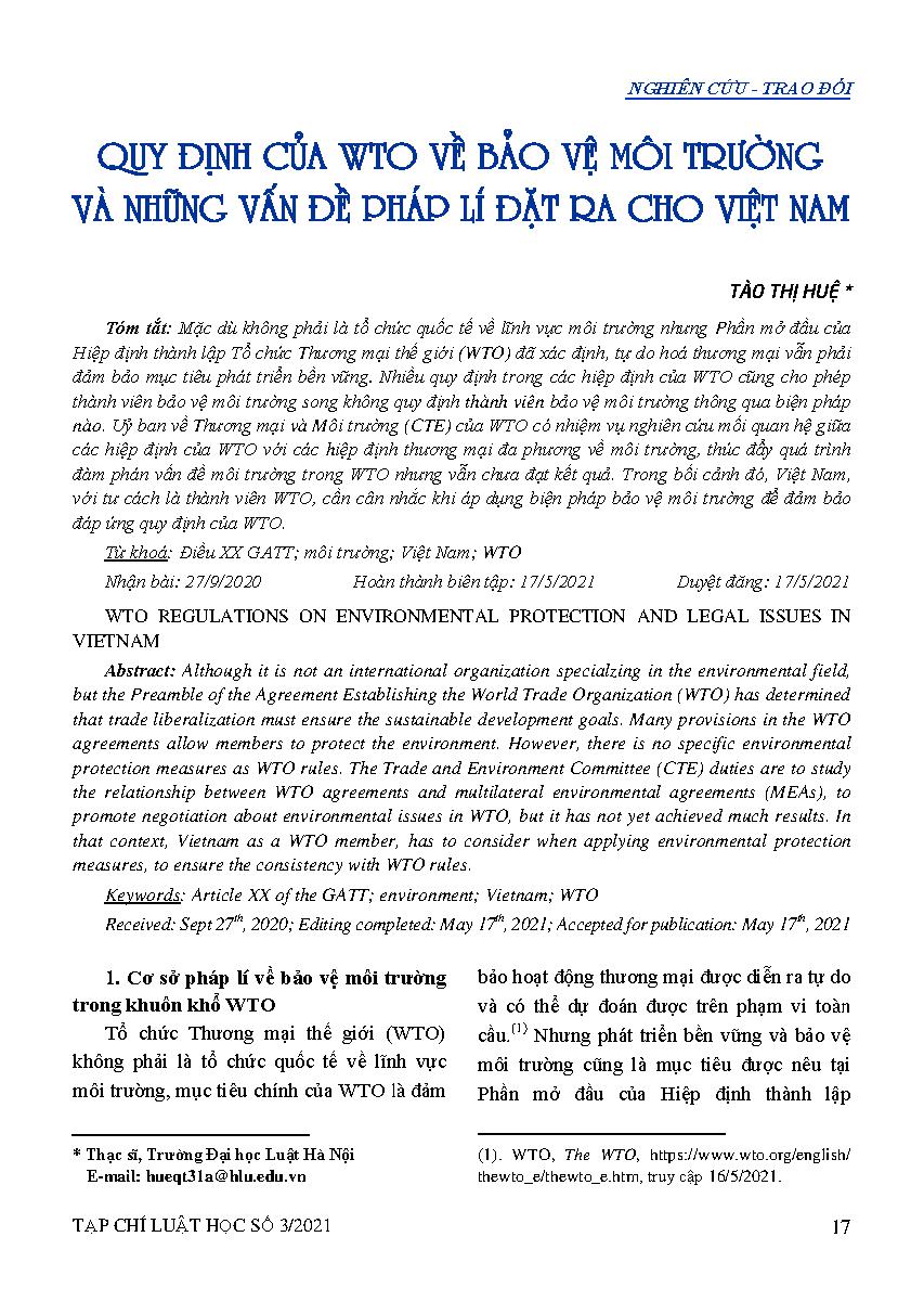 Quy định của WTO về bảo vệ môi trường và những vấn đề pháp lí đặt ra cho Việt Nam 