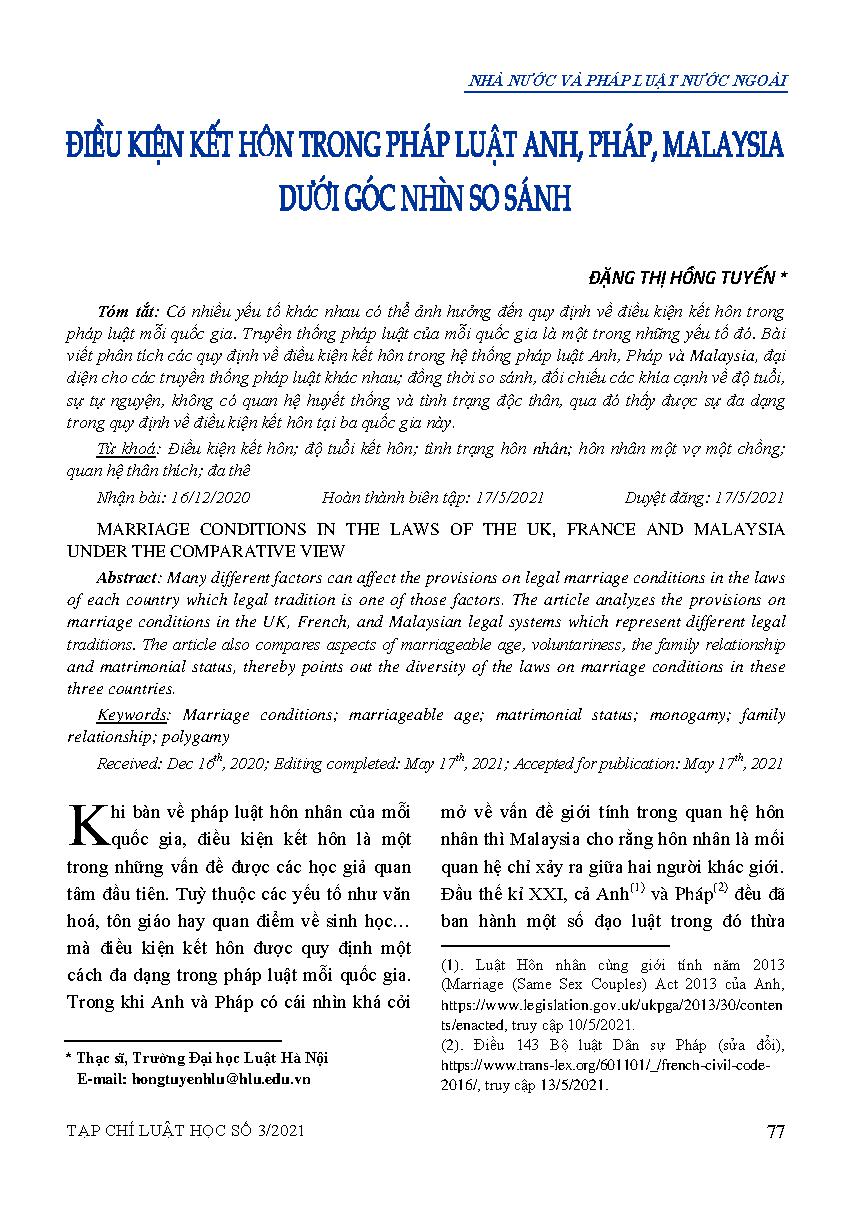 Điều kiện kết hôn trong pháp luật Anh, Pháp, Malaysia dưới góc nhìn so sánh 