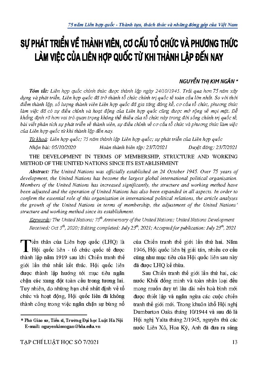Sự phát triển về thành viên, cơ cấu tổ chức và phương thức làm việc của Liên hợp quốc từ khi thành lập đến nay 
