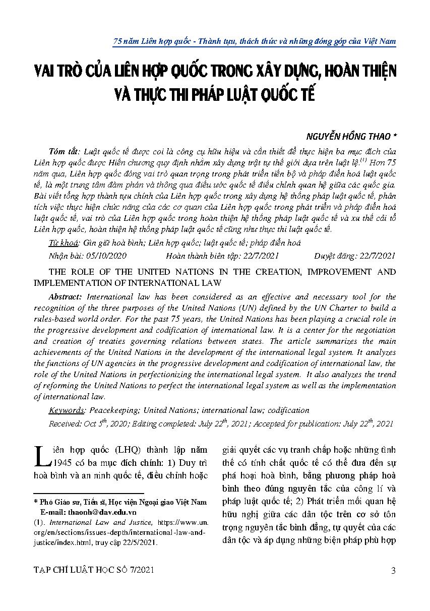 Vai trò của Liên hợp quốc trong xây dựng, hoàn thiện và thực thi pháp luật quốc tế 