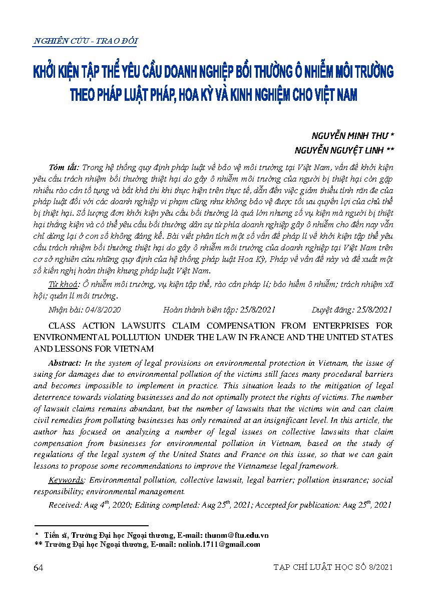 Khởi kiện tập thể yêu cầu doanh nghiệp bồi thường ô nhiễm môi trường theo pháp luật Pháp, Hoa Kỳ và kinh nghiệm cho Việt Nam 