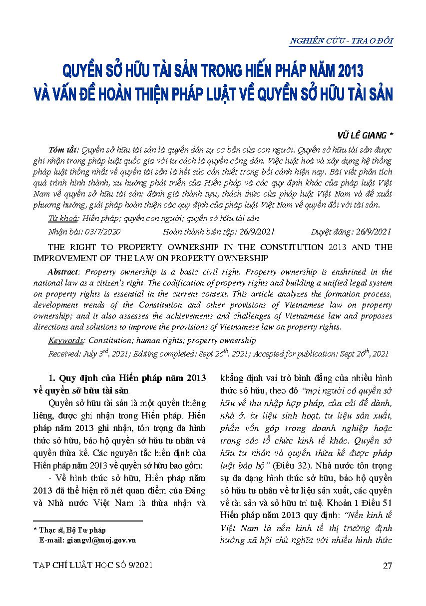 Quyền sở hữu tài sản trong Hiến pháp năm 2013 và vấn đề hoàn thiện pháp luật về quyền sở hữu tài sản 