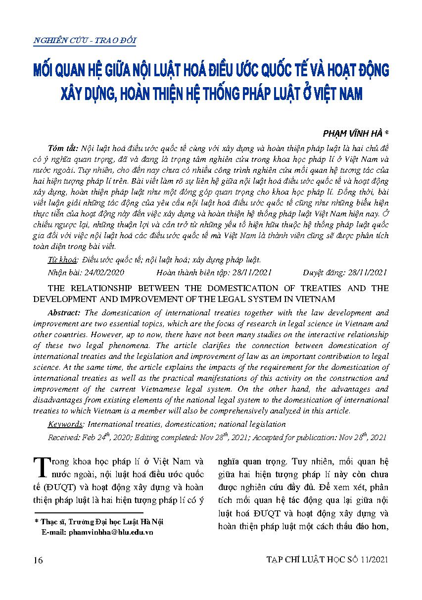 Mối quan hệ giữa nội luật hoá điều ước quốc tế và hoạt động xây dựng, hoàn thiện hệ thống pháp luật ở Việt Nam 
