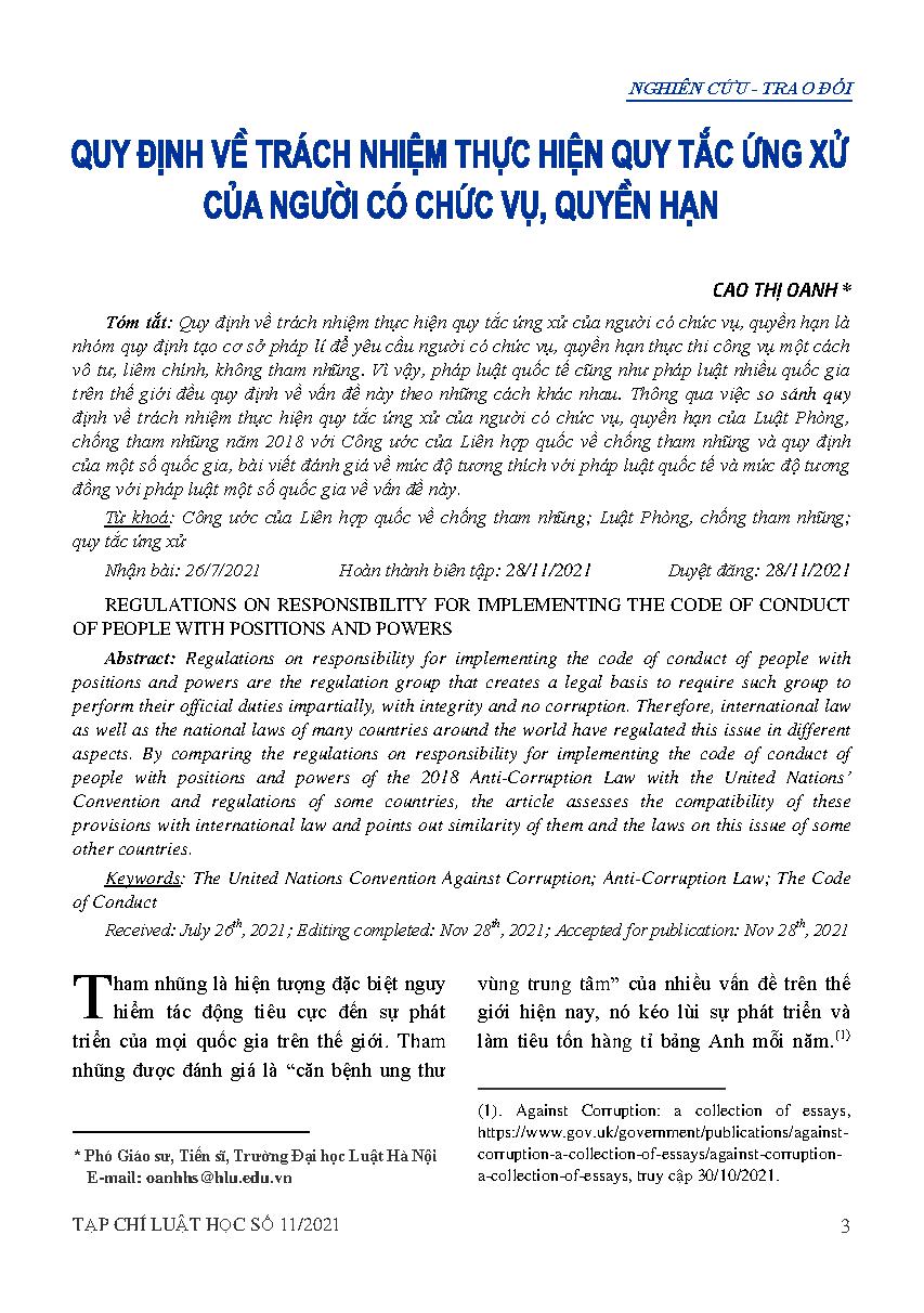 Quy định về trách nhiệm thực hiện quy tắc ứng xử của người có chức vụ, quyền hạn 