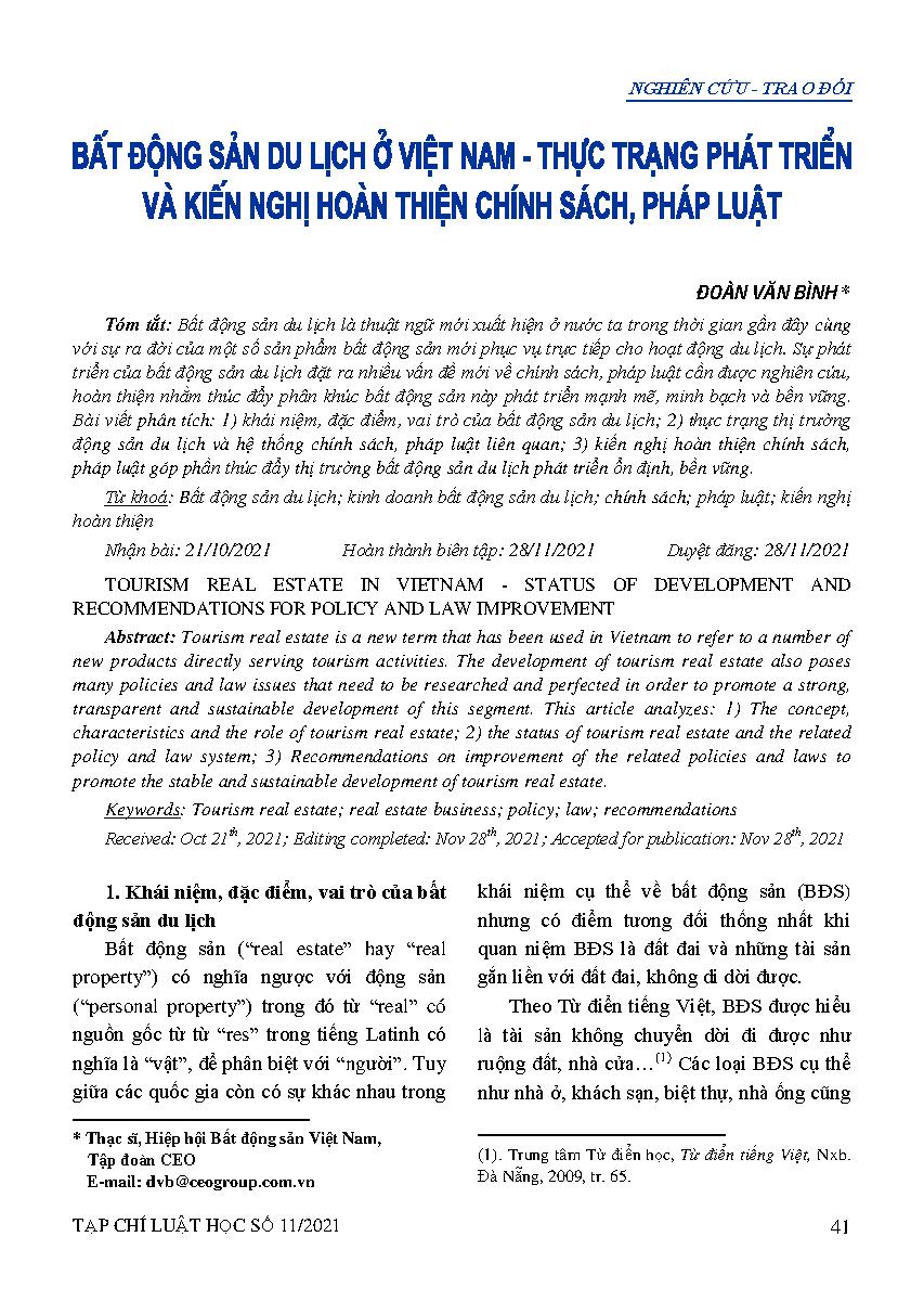 Bất động sản du lịch ở Việt Nam - Thực trạng phát triển và kiến nghị hoàn thiện chính sách, pháp luật 