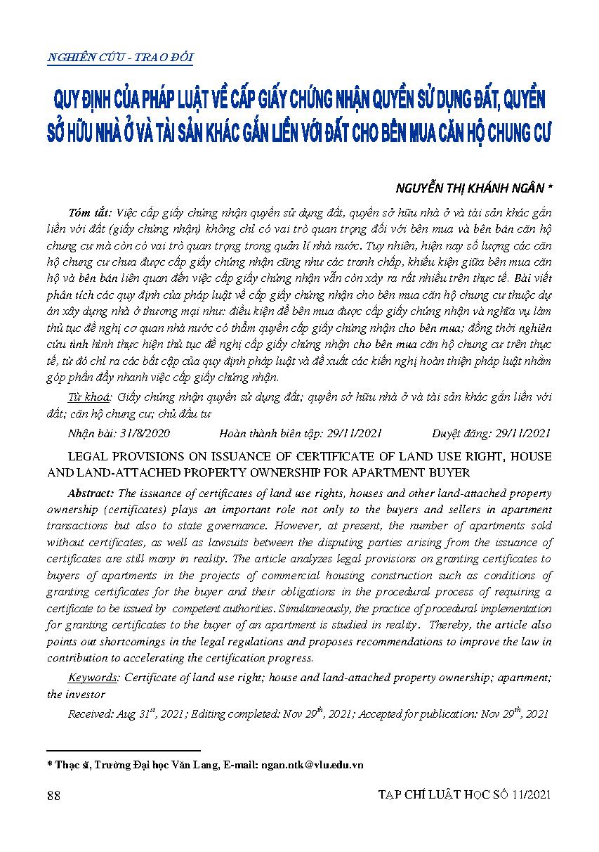 Quy định của pháp luật về cấp giấy chứng nhận quyền sử dụng đất, quyền sở hữu nhà ở và tài sản khác gắn liền với đất cho bên mua căn hộ chung cư 