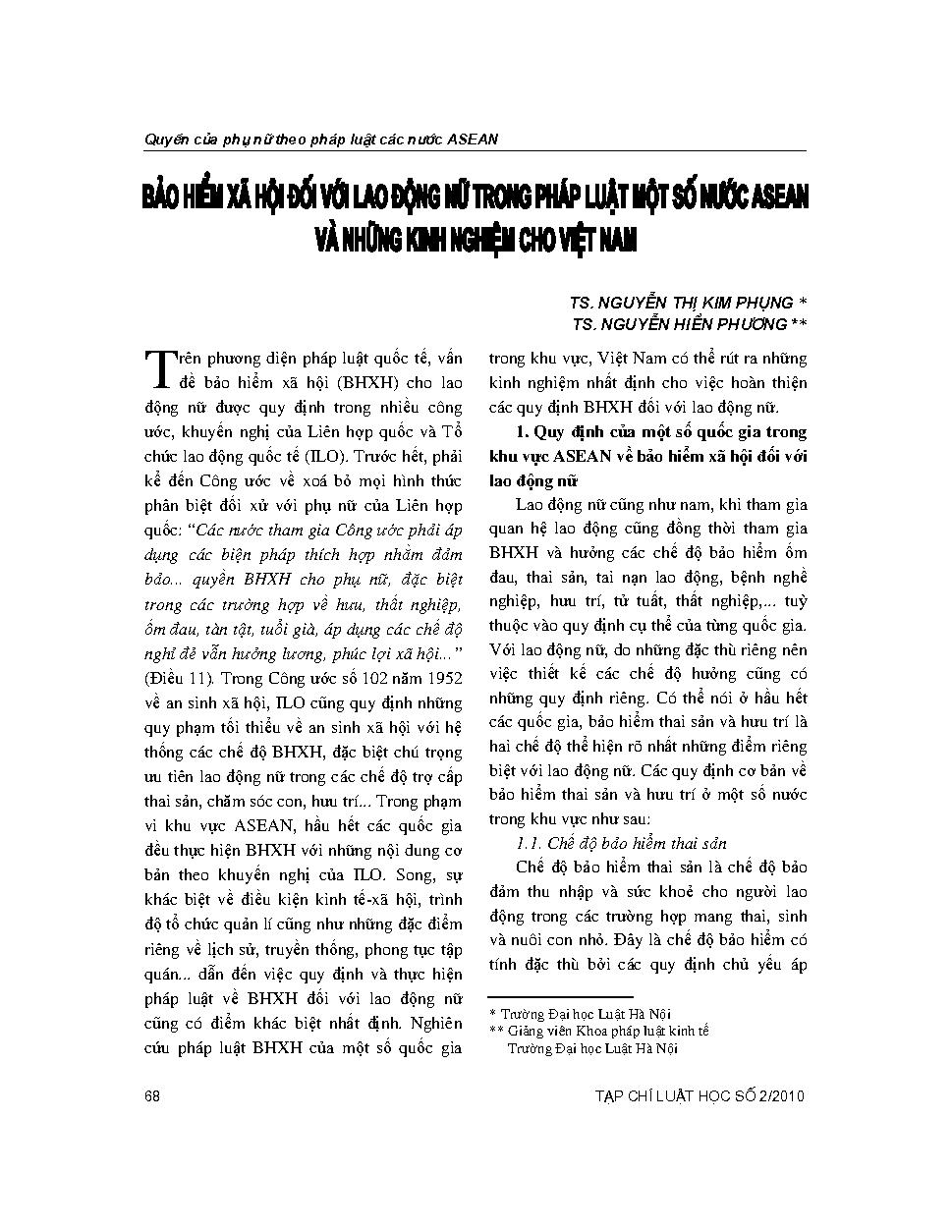 Bảo hiểm xã hội đối với lao động nữ trong pháp luật một số nước ASEAN và những kinh nghiệm cho Việt Nam 