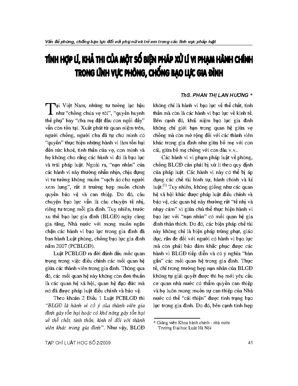 Tính hợp lý, khả thi của một số biện pháp  xử lý vi phạm hành chính trong lĩnh vực phòng, chống bạo lực gia đình 