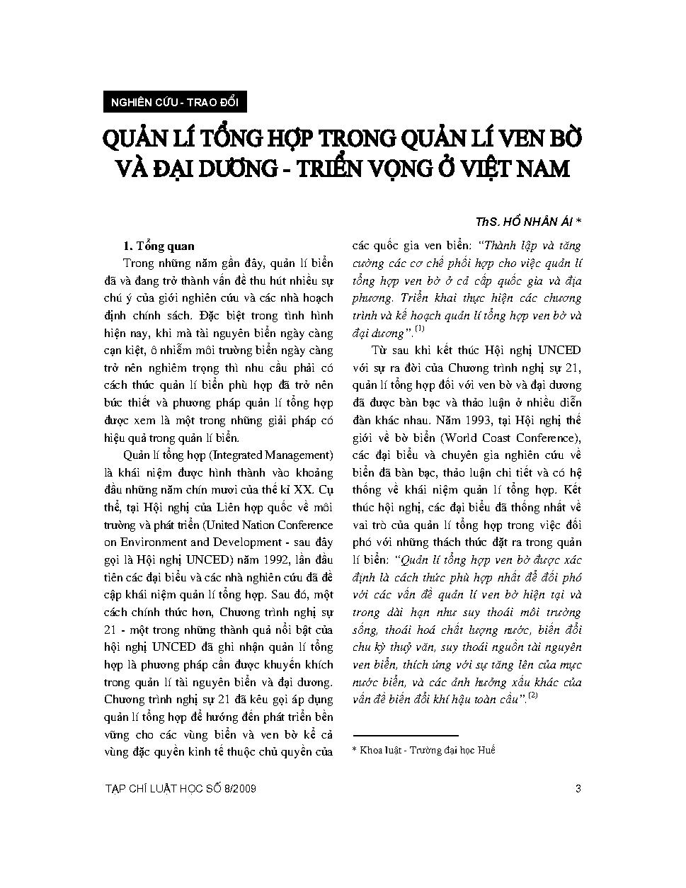 Quản lý tổng hợp trong quản lý ven bờ và đại dương - Triển vọng ở Việt Nam 