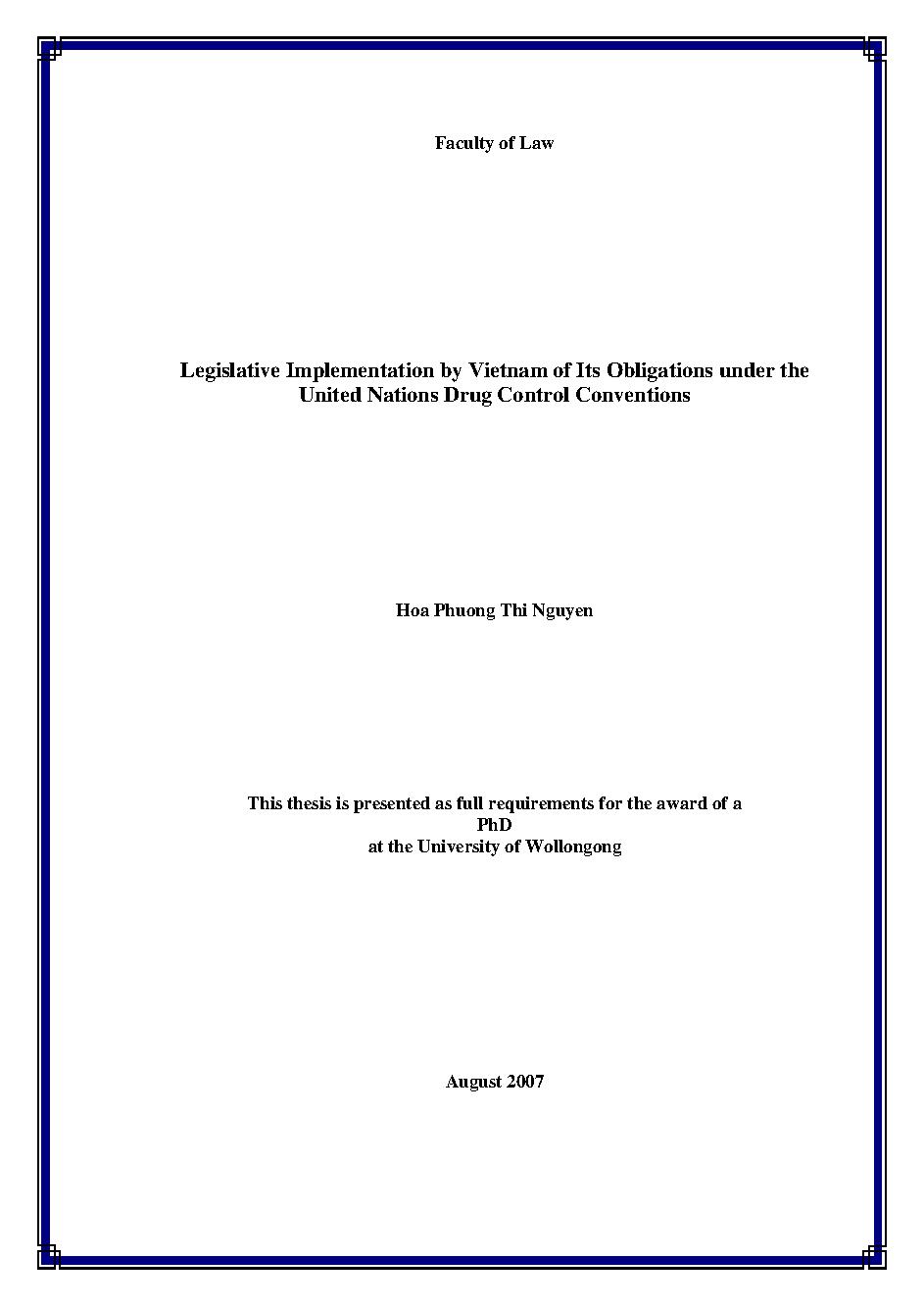 Legislative implementation by VietNam of its obligations under the united nations drug control conventions