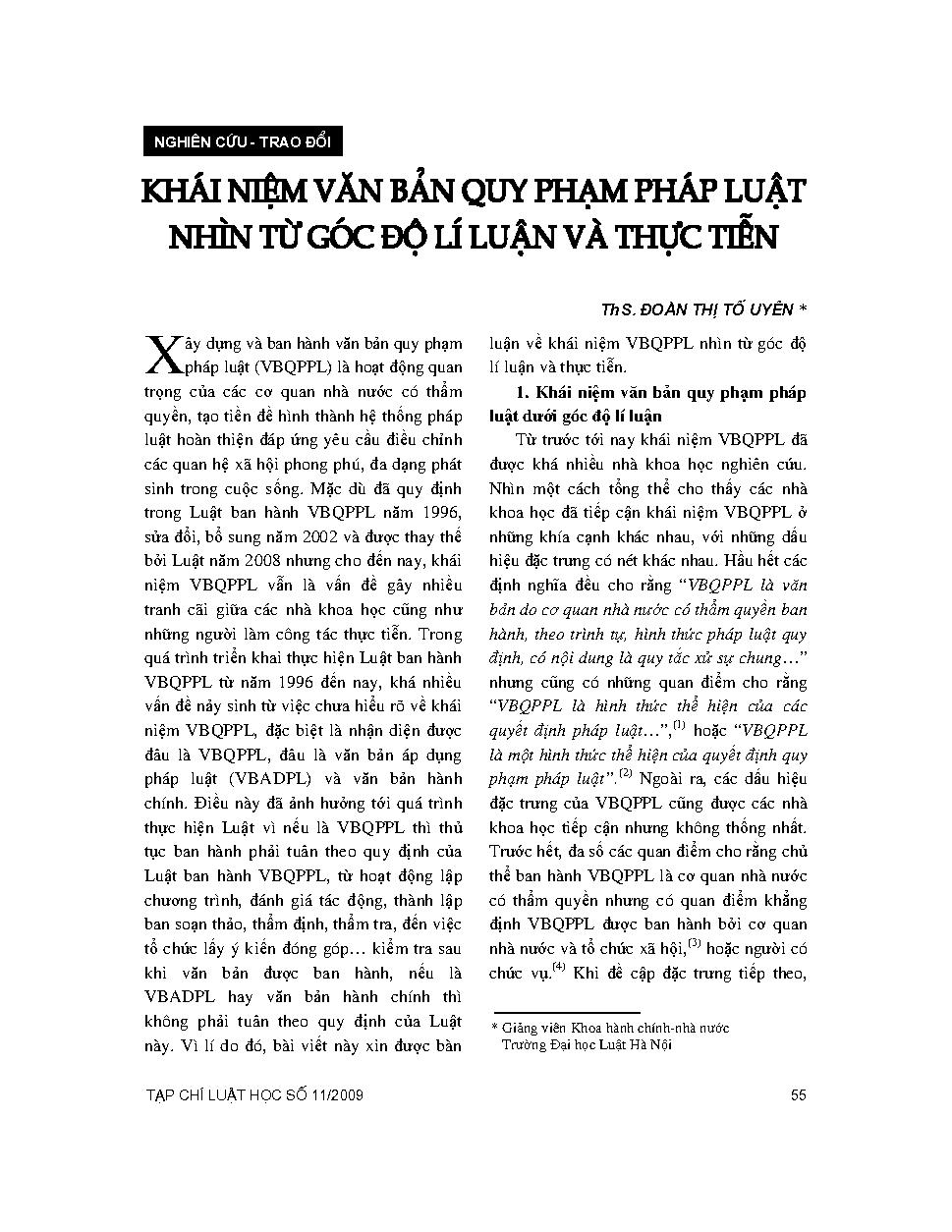 Khái niệm văn bản quy phạm pháp luật nhìn từ góc độ lí luận và thực tiễn 