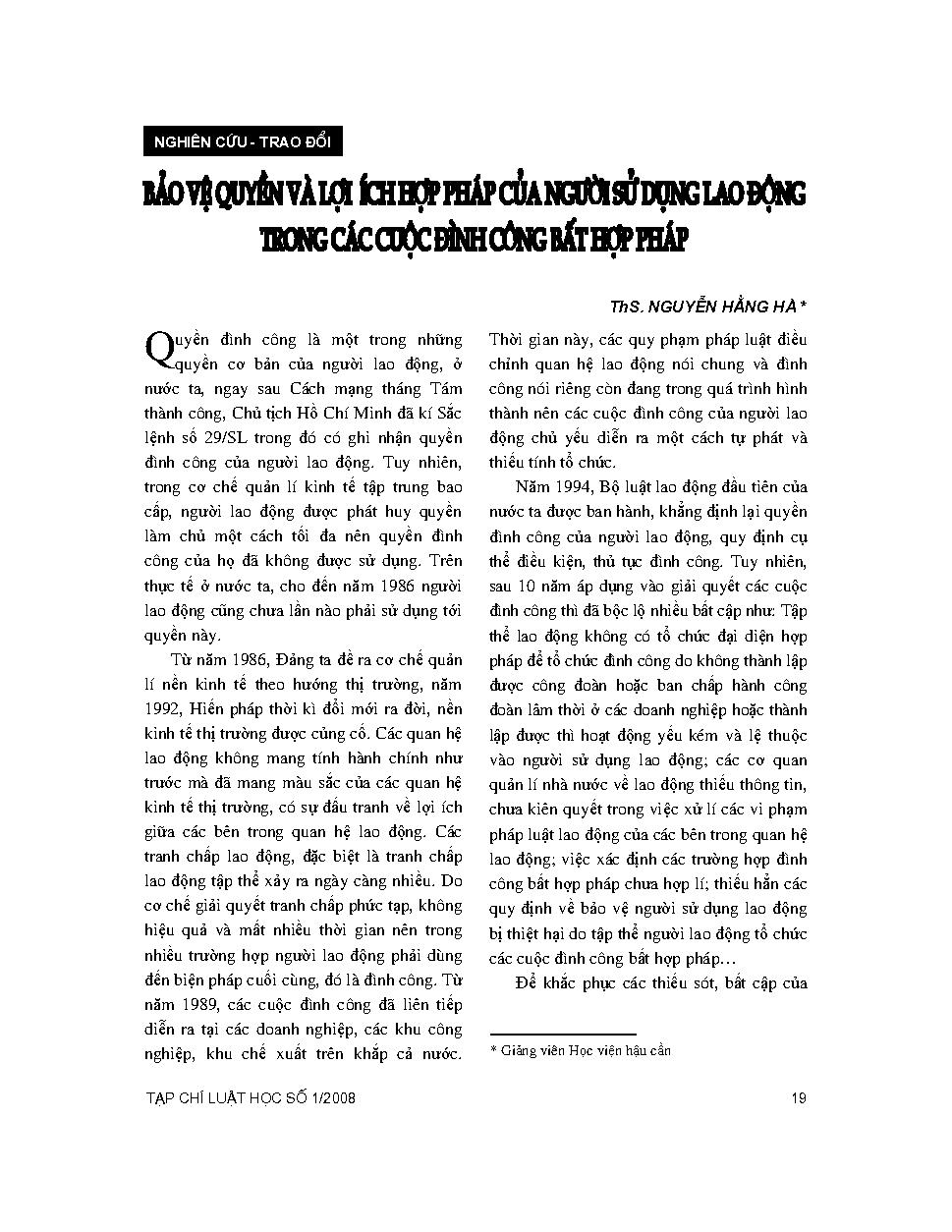 Bảo vệ quyền và lợi ích hợp pháp của người sử dụng lao động trong các cuộc đình công bất hợp pháp 