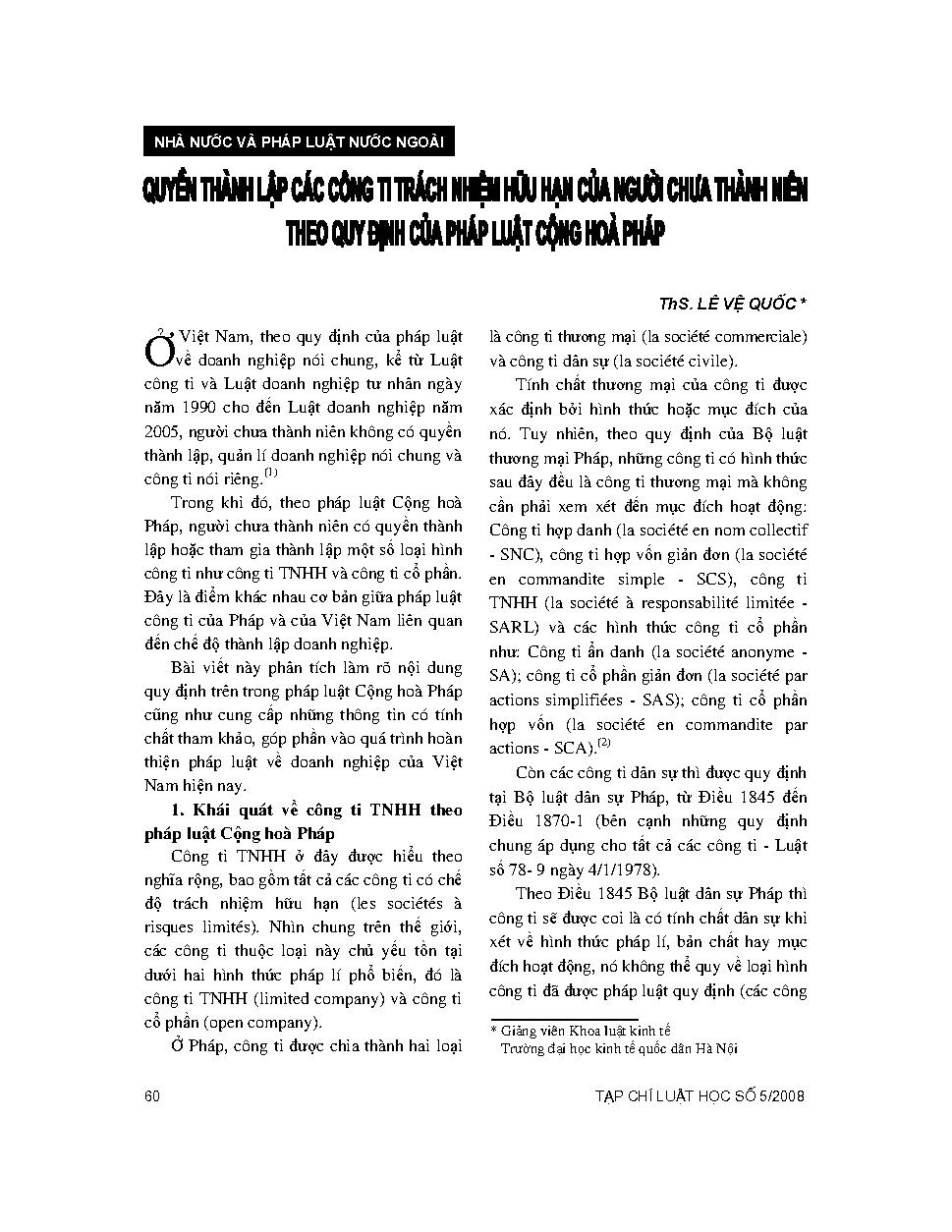 Quyền thành lập các công ti trách nhiệm hữu hạn của người chưa thành niên theo quy định của pháp luật Cộng hoà Pháp 