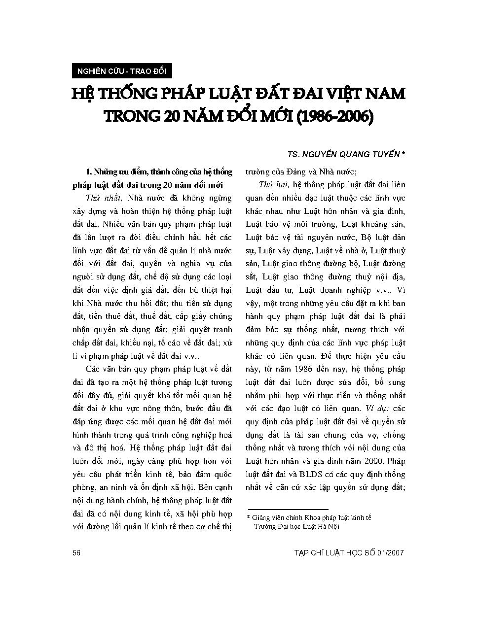 Hệ thống pháp luật đất đai Việt Nam trong 20 năm đổi mới (1986-2006) 