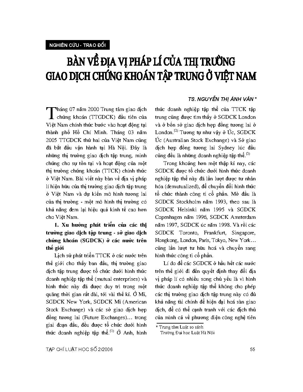 Bàn về địa vị pháp lý của thị trường giao dịch chứng khoán tập trung ở Việt Nam 