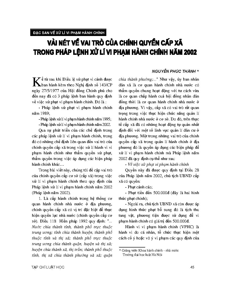 Vài nét về vai trò chính quyền cấp xã trong Pháp lệnh Xử lí vi phạm hành chính năm 2002 