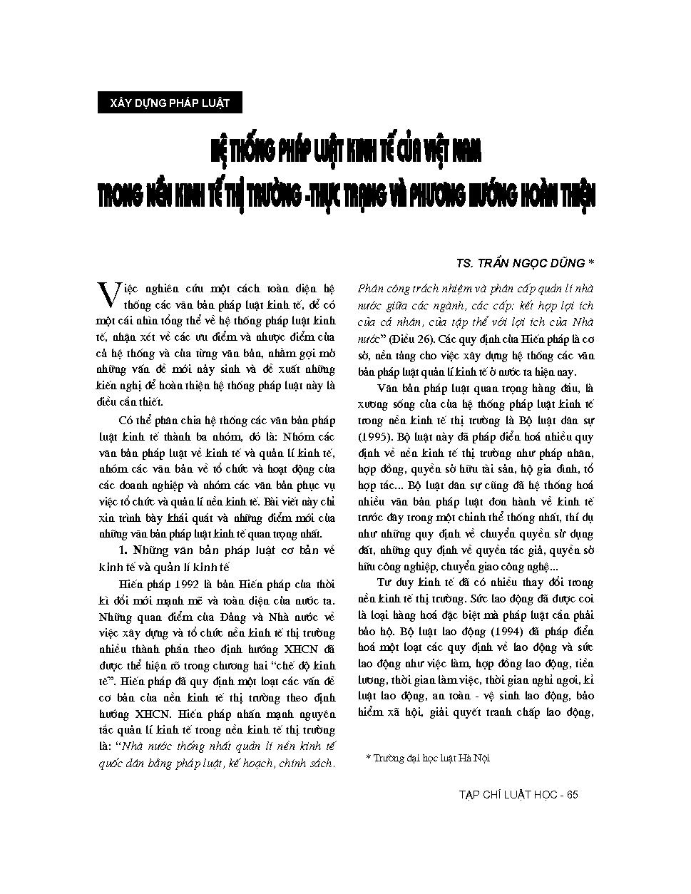 Hệ thống pháp luật kinh tế của Việt Nam trong nền kinh tế thị trường - thực trạng và phương hướng hoàn thiện 