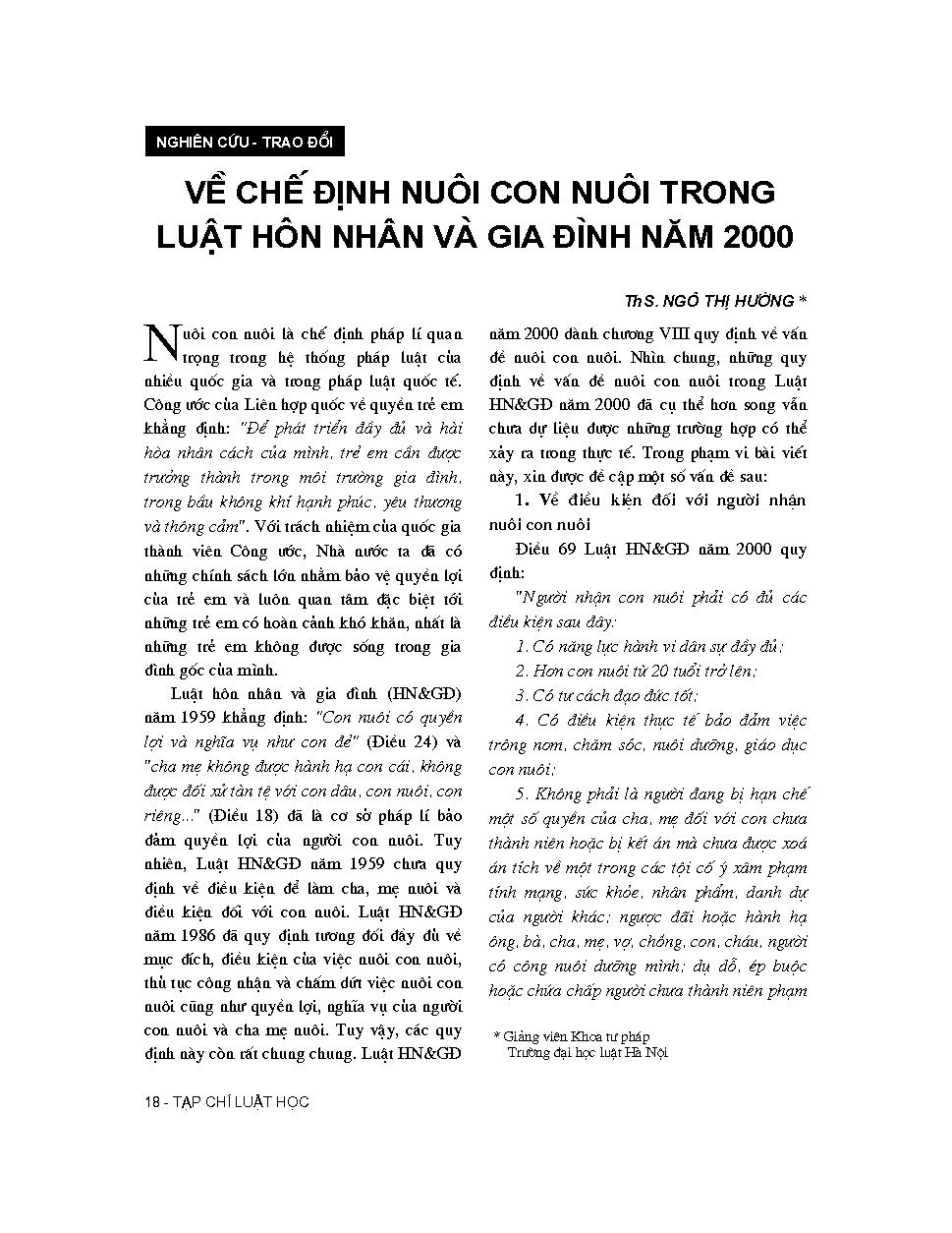 Về chế độ nuôi con nuôi trong Luật Hôn nhân gia đình năm 2000 