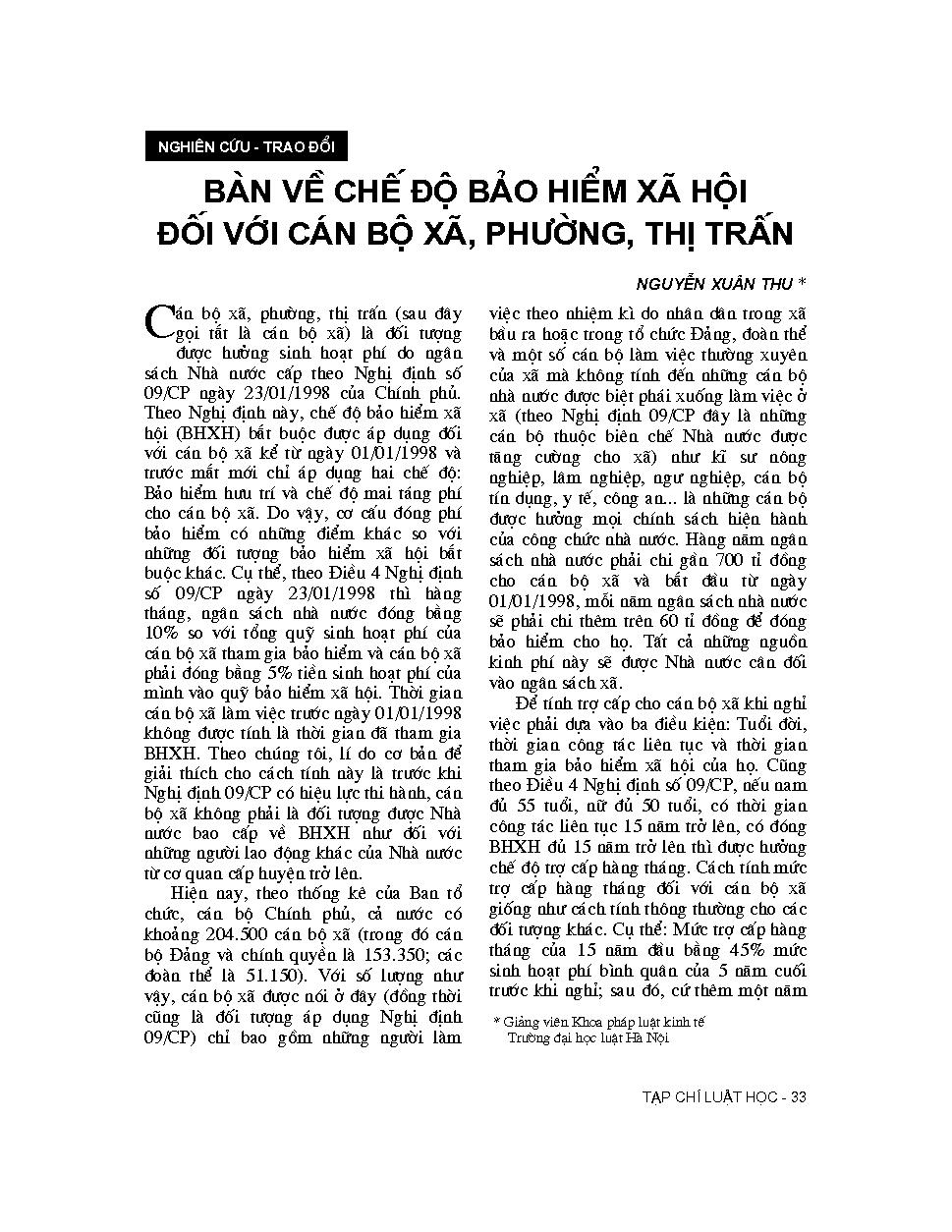 Bàn về chế độ bảo hiểm xã hội đối với cán bộ xã, phường, thị trấn 