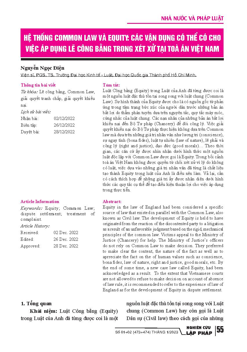 Hệ thống Common Law và Equity: các vận dụng có thể có cho việc áp dụng lẽ công bằng trong xét xử tại tòa án Việt Nam