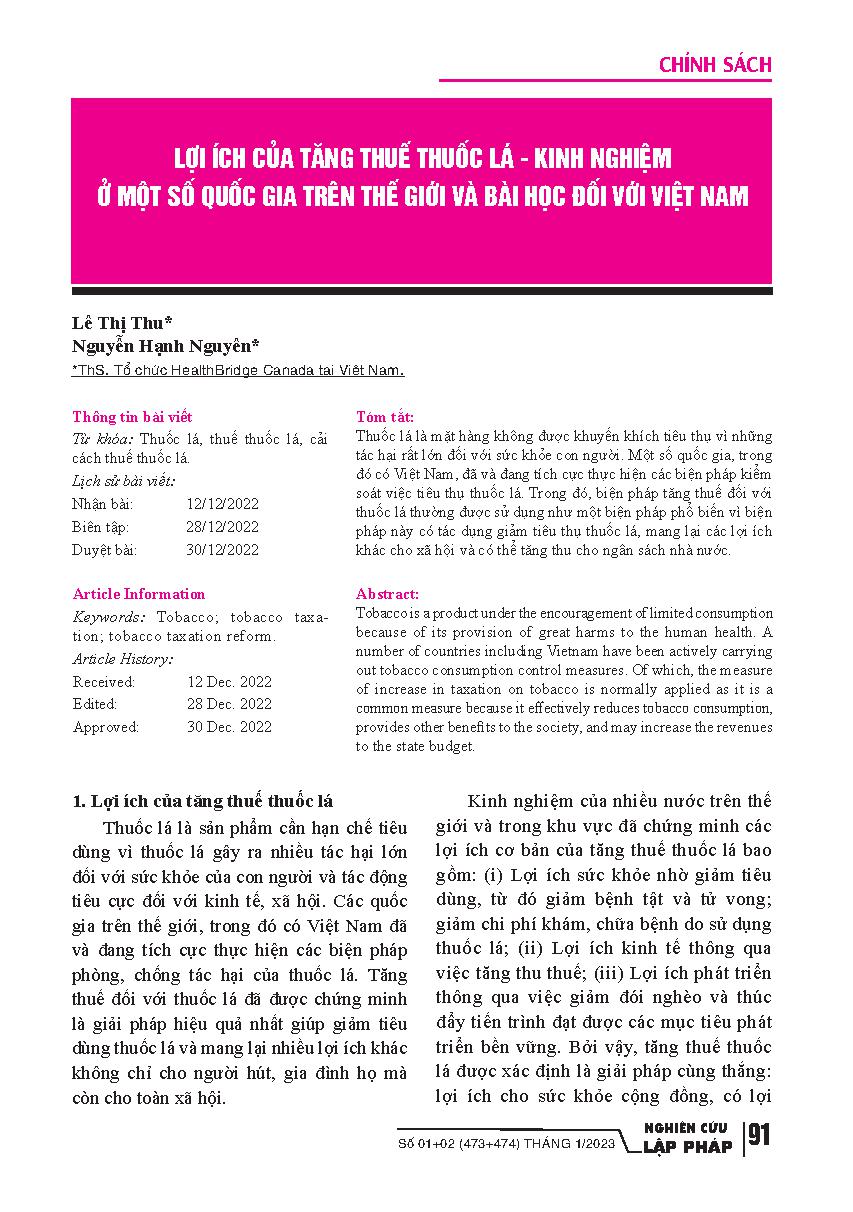 Lợi ích của tăng thuế thuốc lá - kinh nghiệm ở một số quốc gia trên thế giới và bài học đối với Việt Nam