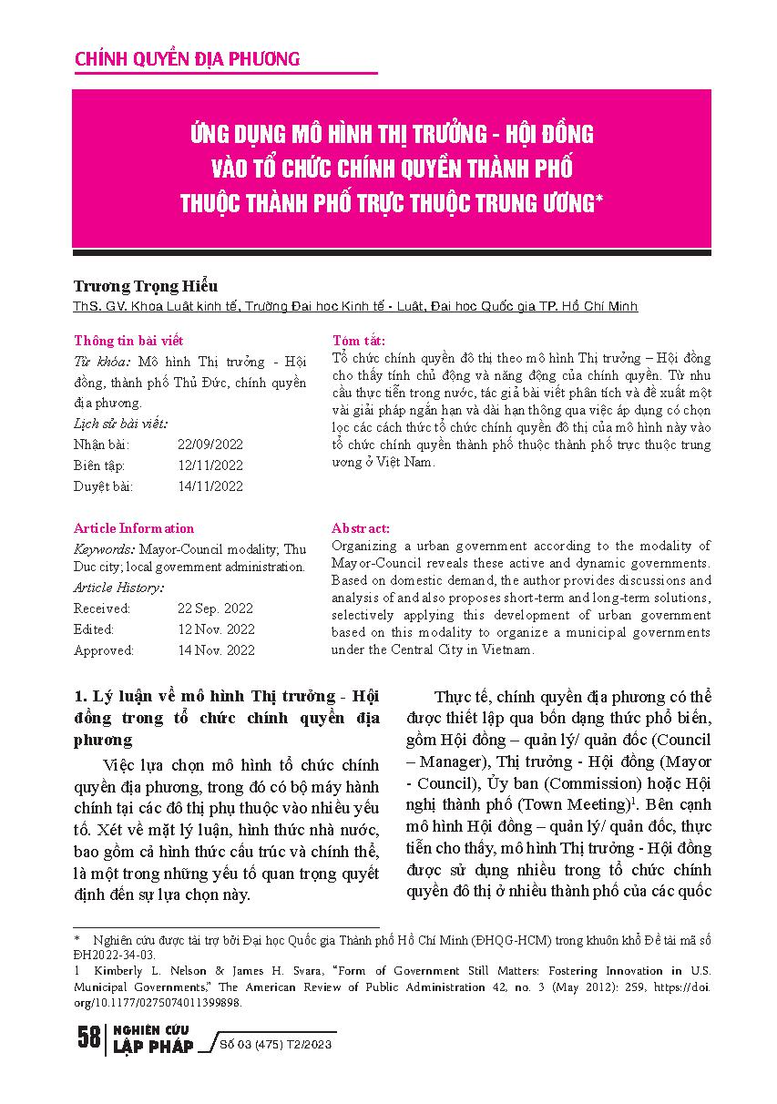 Ứng dụng mô hình thị trưởng - hội đồng vào tổ chức chính quyền thành phố thuộc thành phố trực thuộc trung ương