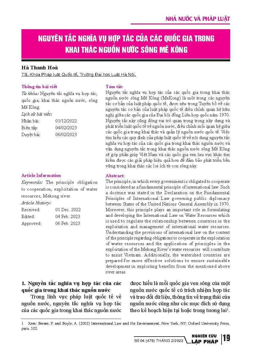 Nguyên tắc nghĩa vụ hợp tác của các quốc gia trong khai thác nguồn nước sông Mê Kông / Hà Thanh Hòa