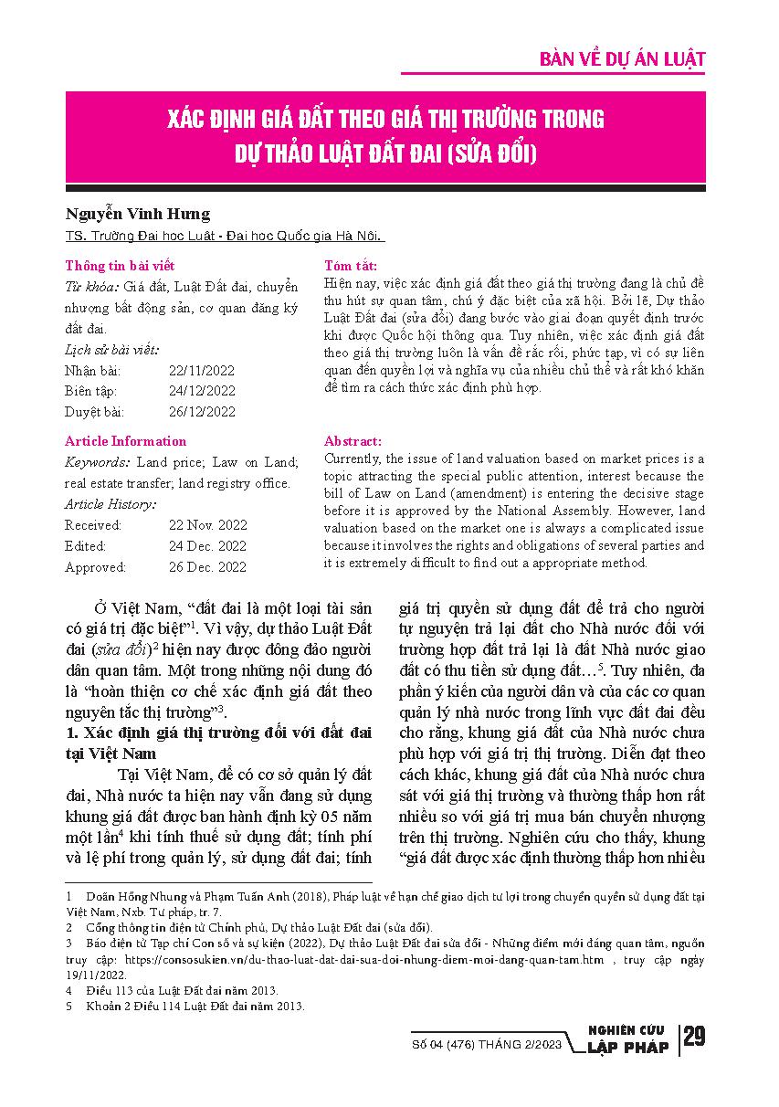 Xác định giá đất theo giá thị trường trong Dự thảo Luật Đất đai (sữa đổi) / Nguyễn Vĩnh Hưng
