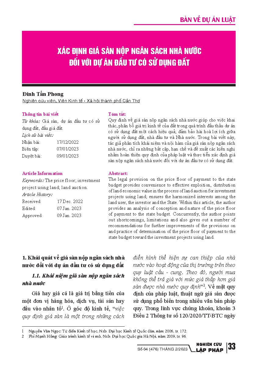 Xác định giá sàn nộp ngân sách nhà nước đối với dự án đầu tư có sử dụng đất / Đinh Tấn Phong