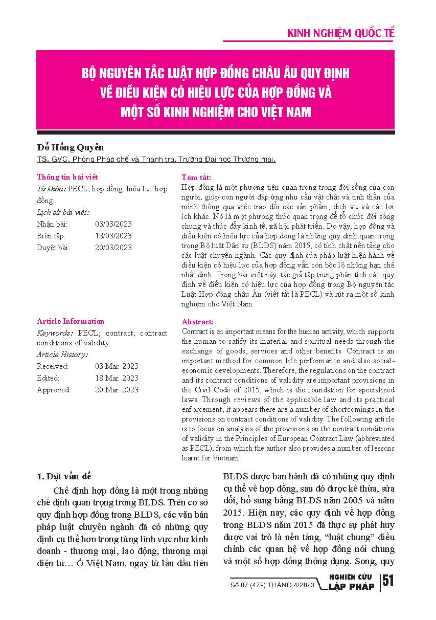 Bộ nguyên tắc luật hợp đồng châu Âu quy định về điều kiện có hiệu lực của hợp đồng và một số kinh nghiệm cho Việt Nam
