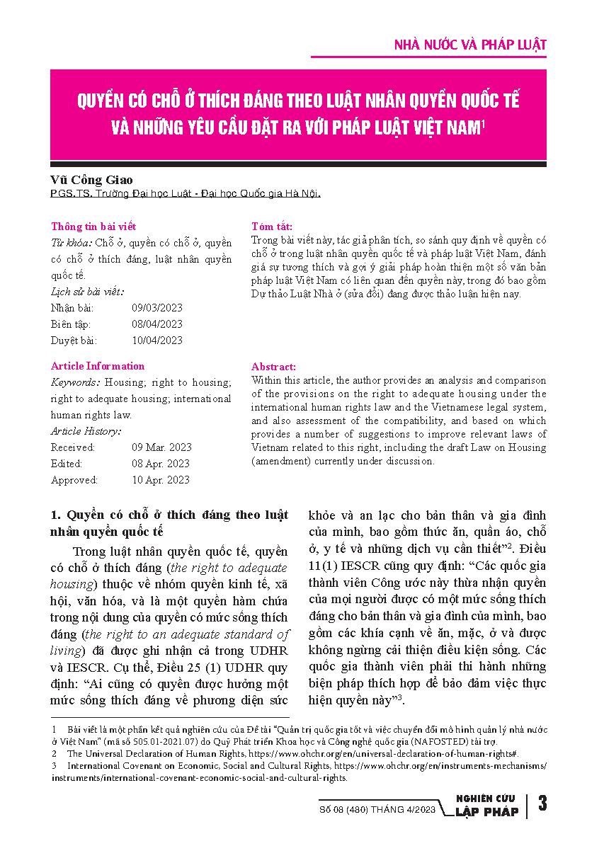 Quyền có chỗ ở thích đáng theo luật nhân quyền quốc tế và những yêu cầu đặt ra với pháp luật Việt Nam