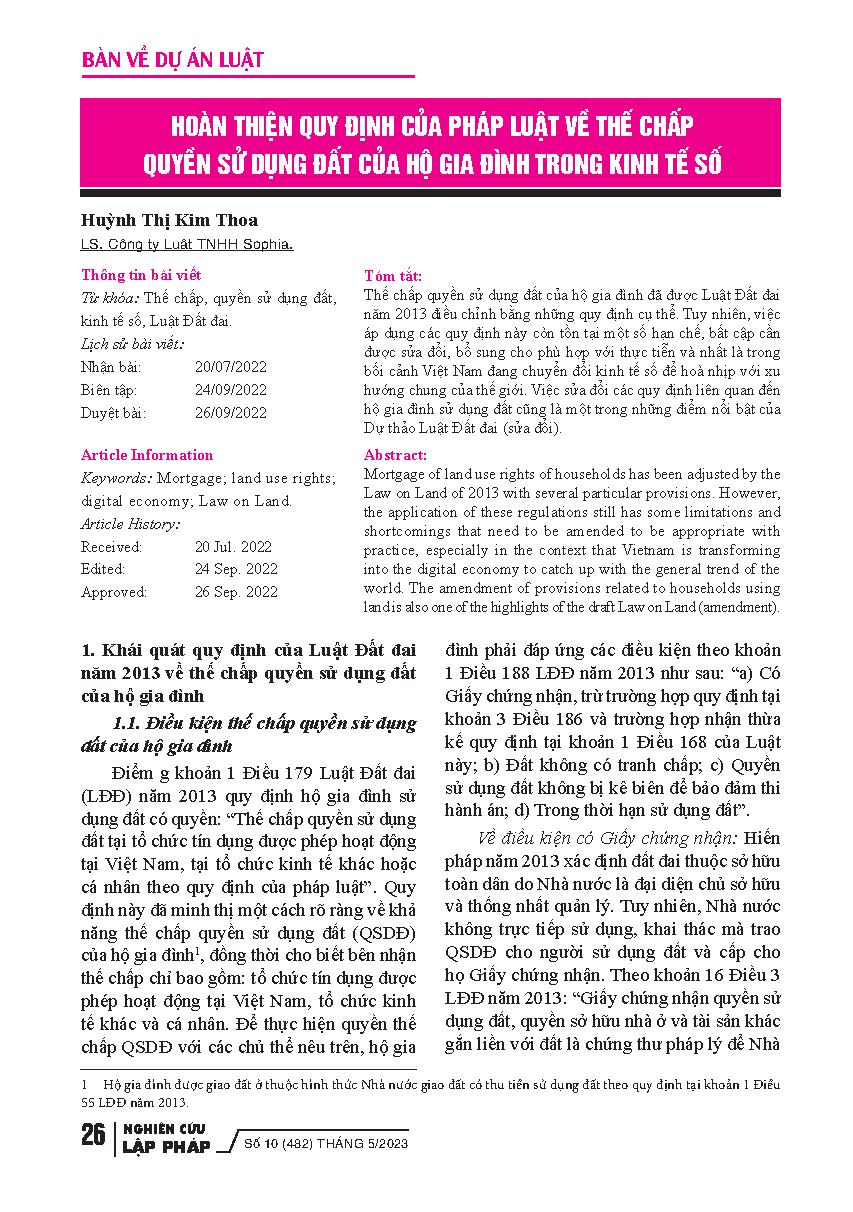 Hoàn thiện quy định của pháp luật về thế chấp quyền sử dụng đất của hộ gia đình trong kinh tế số