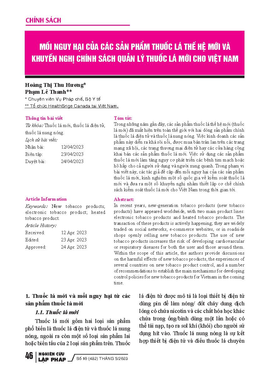 Mối nguy hại của các sản phẩm thuốc lá thế hệ mới và khuyến nghị chính sách quản lý thuốc lá mới cho Việt Nam