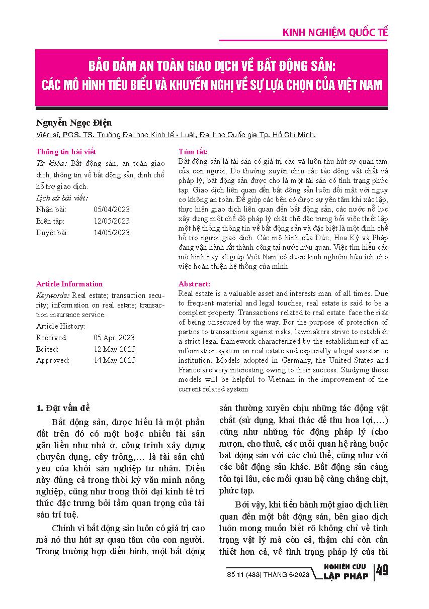 Bảo đảm an toàn giao dịch về bất động sản: các mô hình tiêu biểu và khuyến nghị về sự lựa chọn của Việt Nam