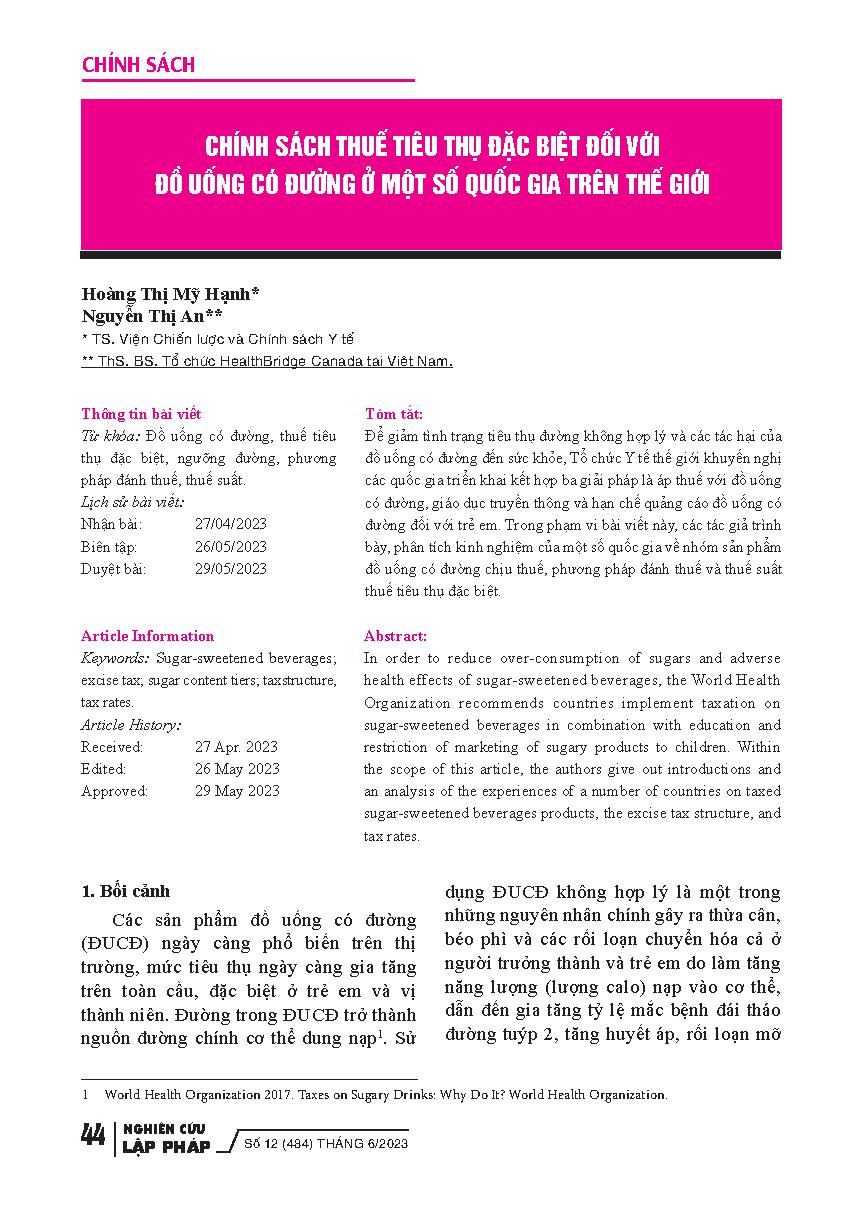 Chính sách thuế tiêu thụ đặc biệt đối với đồ uống có đường ở một số quốc gia trên thế giới