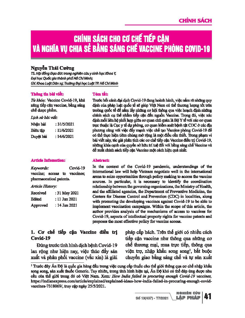 Chính sách cho cơ chế tiếp cận và nghĩa vụ chia sẻ bằng sáng chế VACCINE phòng Covid -19/ Nguyễn Thái Cường