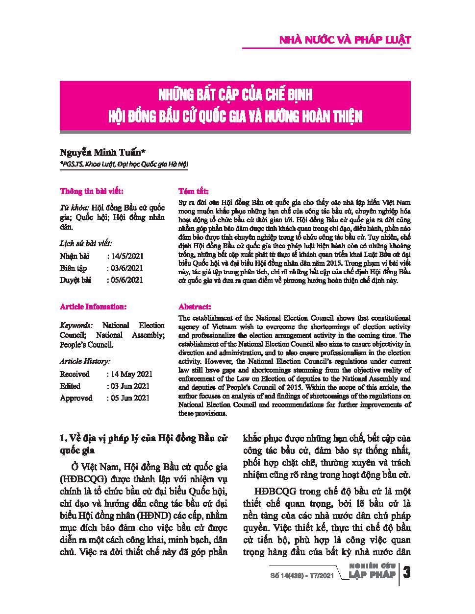 Những bất cập của Chế định Hội đồng Bầu cử quốc gia và hướng hoàn thiện / Nguyễn Minh Tuấn